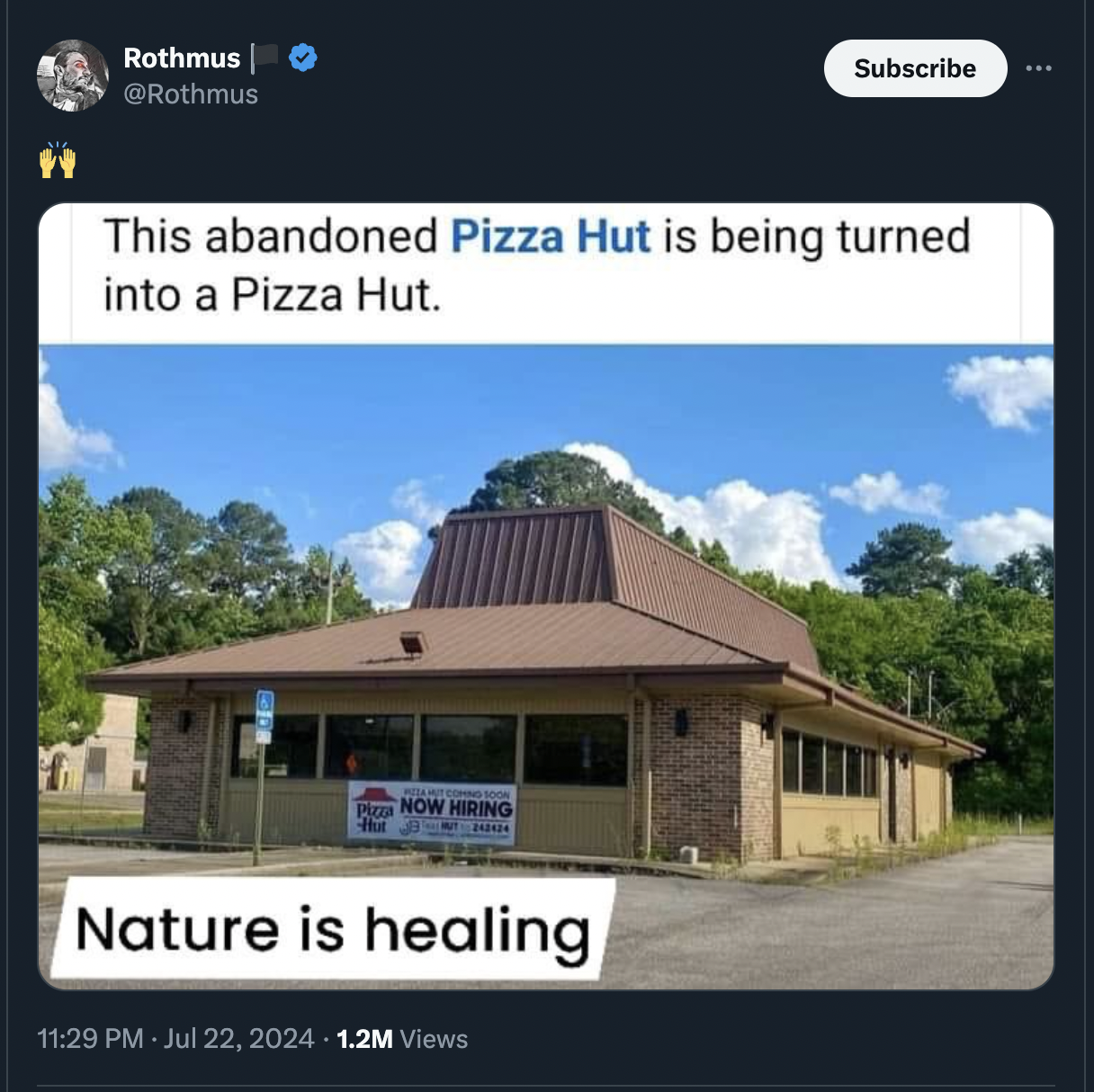 pizza hut abandoned - Rothmus Subscribe This abandoned Pizza Hut is being turned into a Pizza Hut. P Now Hiring Nature is healing 1.2M Views